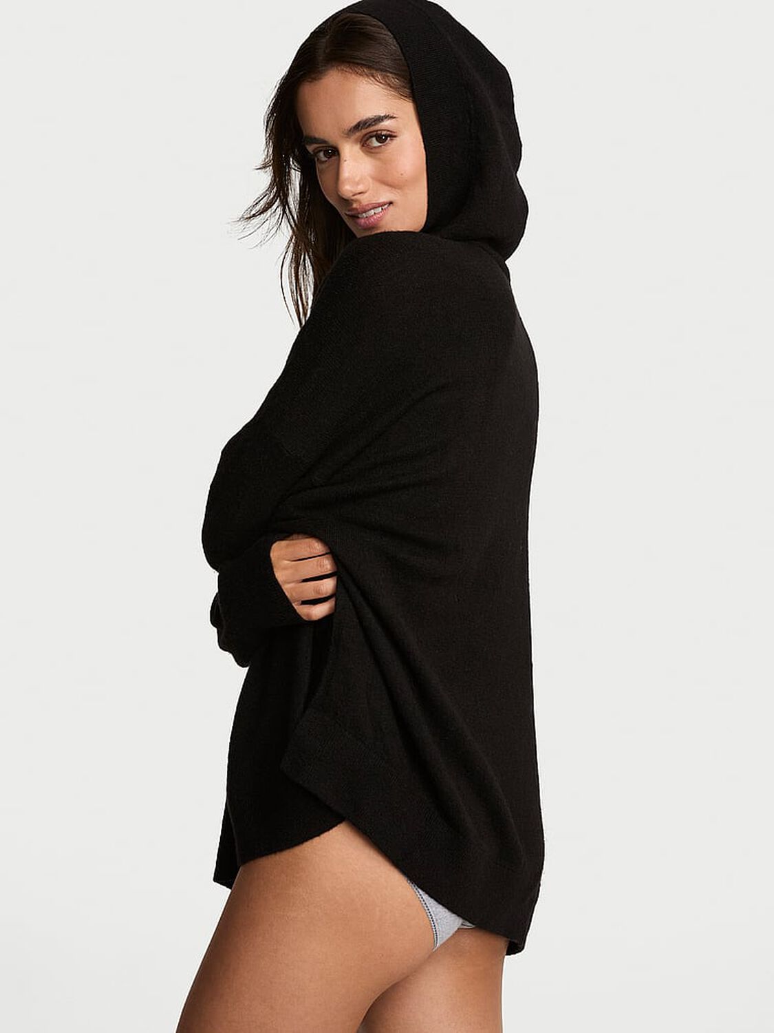 vs Victoria's Secret Luxe Knit V-Neck Hoodie Sweater Black 2 of 3 
