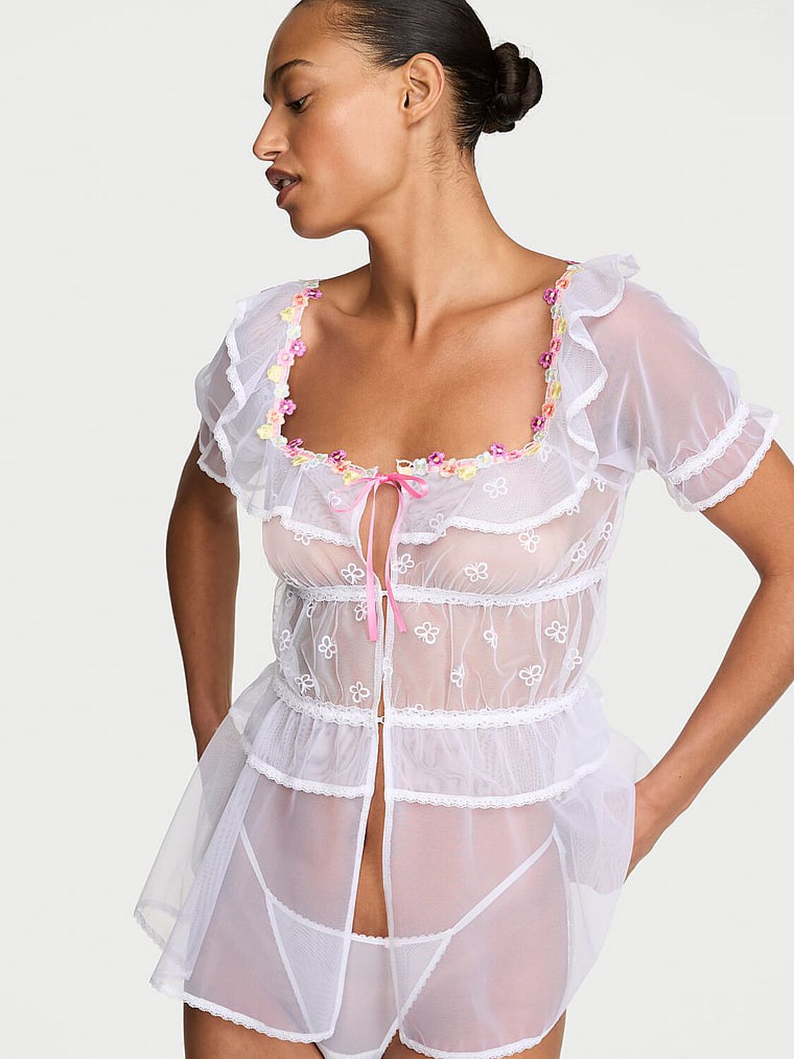 vs Dream Angels Butterflies Embroidery Tulle Short-Sleeve Babydoll Set White Butterflies 1 of 3 