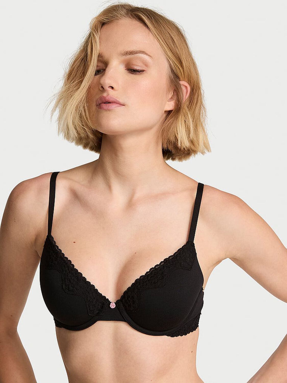 vs The T-Shirt Cotton Lace-Trim Lightly Lined Demi Bra Black 1 of 3 