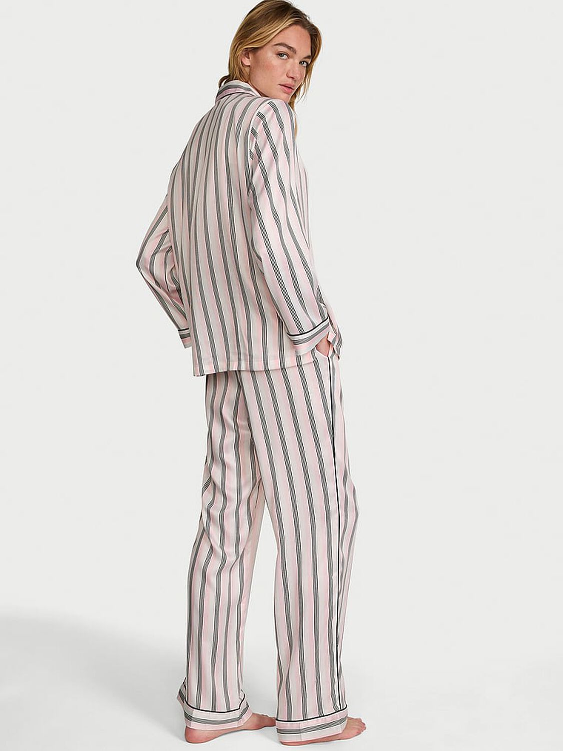 vs Victoria's Secret Signature Satin Long Pajama Set Angel Pink Stripes 2 of 3 