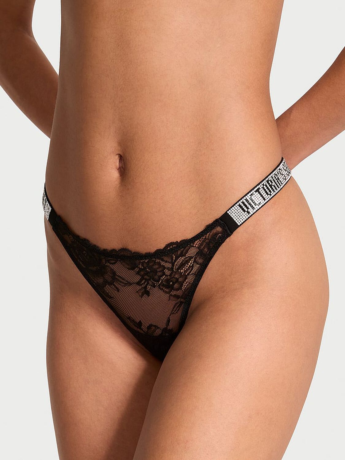 vs Very Sexy Shine Strap Lace Thong Panty Black 1 of 3 