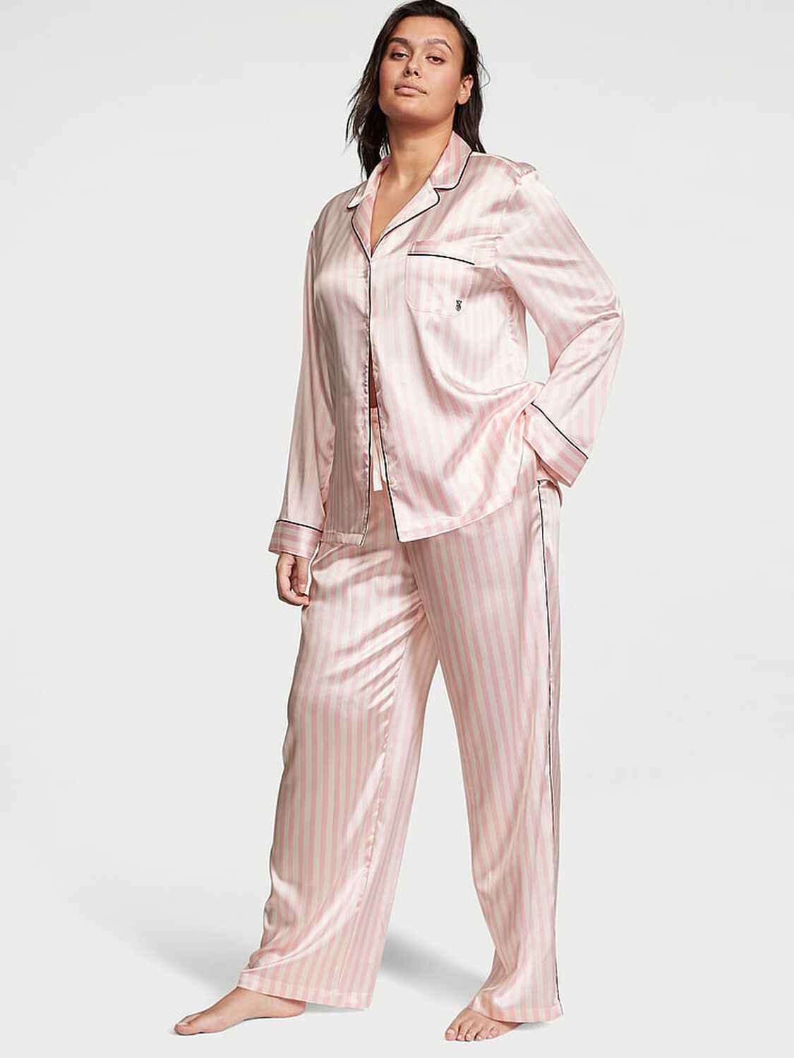 vs Victoria's Secret Glazed Satin Long Pajama Set Pink Iconic Stripes 1 of 5 