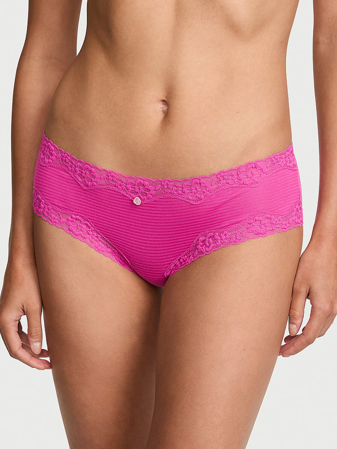 vs Lace Trim Cotton Shadow Stripe Lace-Waist Cheeky Panty Pink Fire 1 of 3 