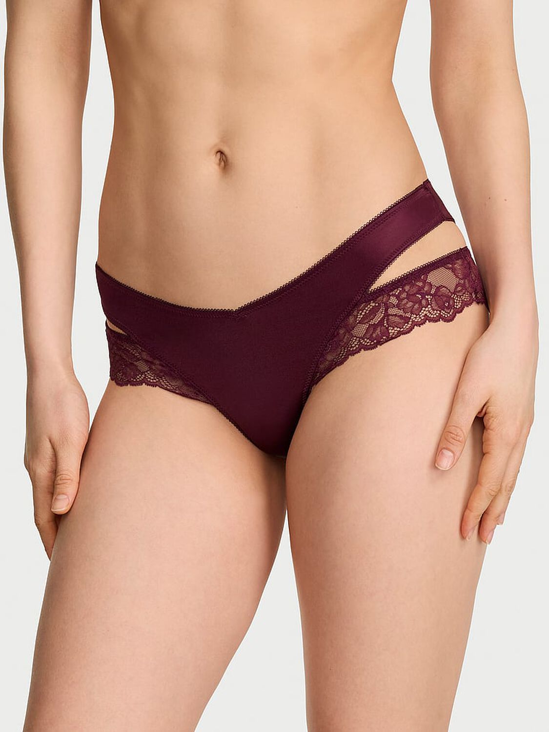 vs Very Sexy Rose Lace-Trim Cut-Out Cheeky Panty Rich Maroon 1 of 2 