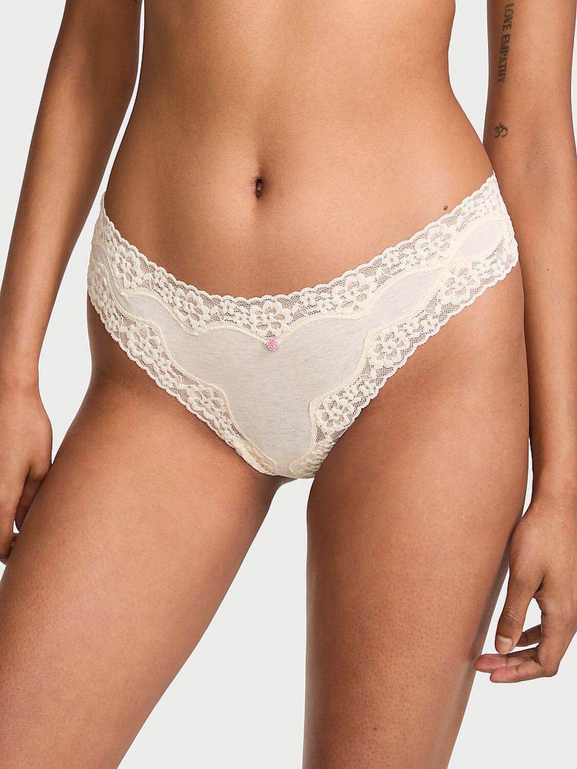 vs Lace Trim Cotton Lace-Waist Thong Panty Natural Heather 1 of 2 